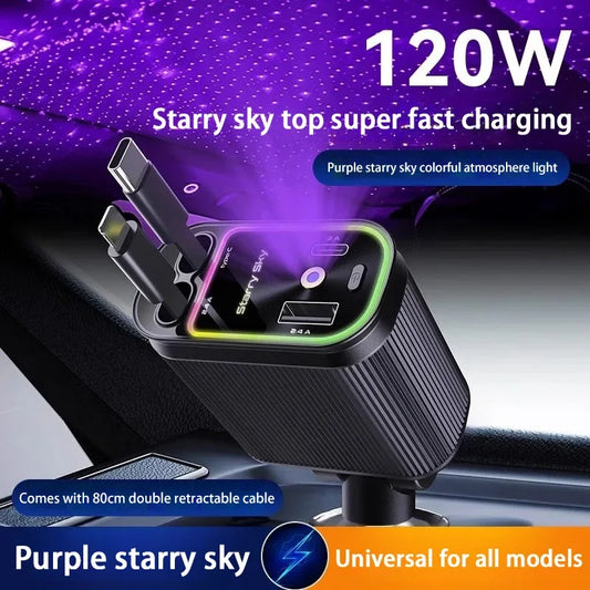 4 in 1 car charger, purple 120W car charger with star spotlight, with charging cable & 2 charging ports, GM charging